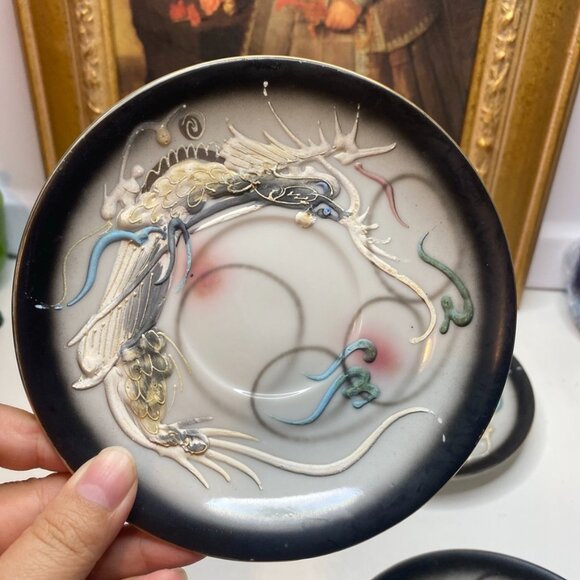 Vintage 5 Saucers Moriage Dragon Ware Marked Lucky Porcelain Japan Black 5.5” - Picture 7 of 9